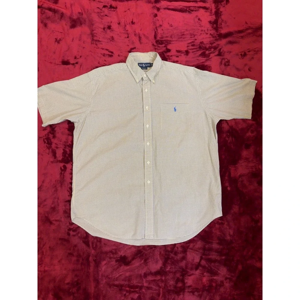 Polo Ralph Lauren Blake Shirt Mens Large Yellow Blue Check Short Sleeve Cotton